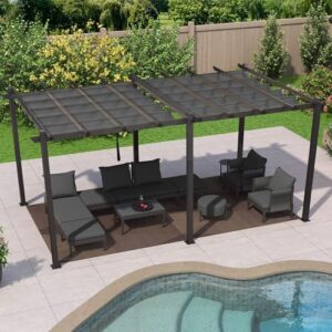Elevate your outdoor space with the Purple Leaf metal pergola featuring a retractable roof, perfect for BBQs and patios. With dimensions 3.65 x 5.48m, create a sheltered area in grey.