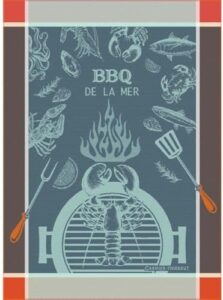 Here is the generated meta description:

"Wrap up your outdoor cooking with Garnier Thiebaut's De La Mer Bleu French Kitchen Towel, featuring 22x30 inches of soft cotton and Jacquard weaving. Perfect for BBQs and picnics!"