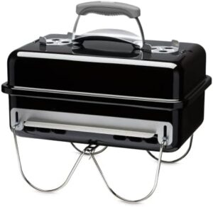 "Unleash outdoor cooking freedom with the Weber Go-anywhere Portable BBQ, compact and portable at 415.0 mm*550.0 mm*280.0 mm, perfect for camping trips or backyard gatherings, complete with 4 kg of briquettes included."