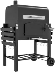 Here is the optimized SEO meta description:

"Upgrade your outdoor cooking experience with Outsunny's charcoal grill BBQ trolley featuring adjustable height, thermometer, bottle opener & folding shelves. Perfect for garden smokers and barbecues."