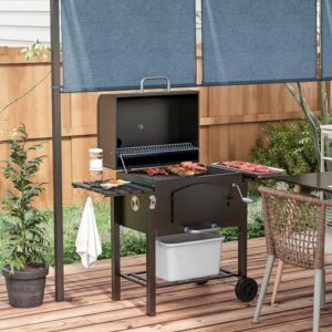 Here is the optimized SEO meta description:

"Upgrade your outdoor cooking experience with Outsunny's charcoal grill BBQ trolley featuring adjustable height, thermometer, bottle opener & folding shelves. Perfect for garden smokers and barbecues."