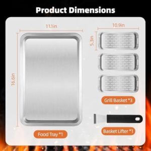 Here is the optimized meta description:

"Upgrade your grilling experience with this 3-piece grill basket set featuring a BBQ prep tray and warmer base. Perfect for cooking vegetables, fish, meat, and seafood in stainless steel."