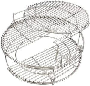 "Upgrade your BBQ game with the KAMaster 5-piece kit, featuring a stainless steel grill stack rack and removable cooking system. Perfect for Large Big Green Egg owners, expand your grilling possibilities without breaking the bank!"