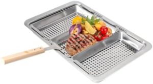 Here is the generated SEO meta description:

"Elevate your grilling experience with GLOWYE's 5PCS stainless steel grill basket set. Perfect for veggies, fish & meats, this versatile kit includes a removable handle and serving tray, ideal for BBQ cooking."