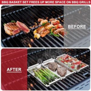 Here is the generated SEO meta description:

"Elevate your grilling experience with GLOWYE's 5PCS stainless steel grill basket set. Perfect for veggies, fish & meats, this versatile kit includes a removable handle and serving tray, ideal for BBQ cooking."