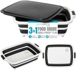 Here is the generated meta description:

"Elevate your outdoor cooking with Birdrock Home's large collapsible BBQ prep board and caddy tub, featuring a 12.4-quart capacity, colander, lid, and silicone bowl for kitchen and picnic use."