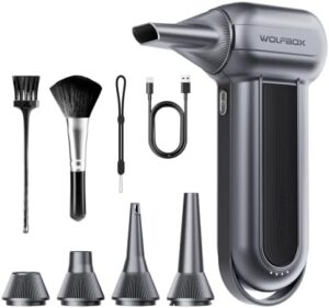 Here is the optimized SEO meta description:

"Upgrade your cleaning experience with WOLFBOX's powerful electric air duster, featuring 150000RPM speed and 3-gear adjustment. Perfect for computers, keyboards, outdoors, and car cleaning. Limited time offer: save on this rechargeable blower!"