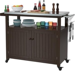 Here is the meta description:

"Organize your outdoor living space with this sturdy GDLF storage cabinet featuring a solid wood base, stainless steel top and waterproof cover. Perfect for BBQs and parties."