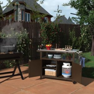 Here is the meta description:

"Organize your outdoor living space with this sturdy GDLF storage cabinet featuring a solid wood base, stainless steel top and waterproof cover. Perfect for BBQs and parties."