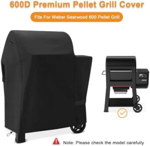 Protect your Weber Searwood 600 Pellet Grill with the FuPatio Cover, featuring heavy-duty 600D waterproof material and dimensions of 39.5" L x 26" W x 47.5" H. Perfect for outdoor use! Save on grill accessories today.