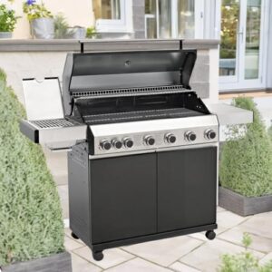 Here is the optimized meta description:

"Enjoy backyard gatherings with CosmoGrill Premium Black 7 Gas Burner BBQ, featuring 6+1 burners, waterproof cover and built-in temperature gauge. Perfect for outdoor cooking and parties."