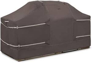 Protect your outdoor grill with the Classic Accessories Ravenna 98" Island Grill Cover, water-resistant and UV-treated for long-lasting protection. Perfect for camping or backyard BBQs.
