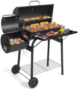 Perfect outdoor cooking with our Charcoal BBQ Grill, featuring an offset smoker and large oil drum design for a spacious cooking area. Save up to 20% on your grilling essentials!