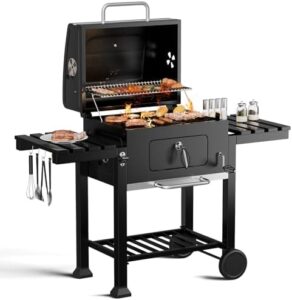 Perfect your outdoor gatherings with the Warmiehomy XXL Charcoal BBQ, featuring 2 folding tables, warming rack and thermometer. Portable and adjustable for a perfect garden or camping experience.