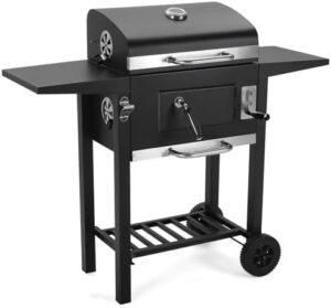 Discover the ultimate portable BBQ grill with side table & air vents. Perfect for camping and outdoor gatherings. Enjoy easy charcoal tray lifting and warming rack for perfectly cooked meals.