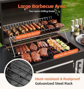 Discover the ultimate portable BBQ grill with side table & air vents. Perfect for camping and outdoor gatherings. Enjoy easy charcoal tray lifting and warming rack for perfectly cooked meals.