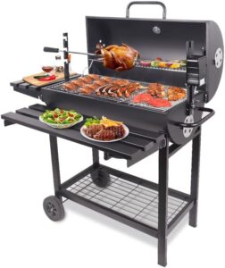 Cook up a feast with our Outdoor Barbecue Charcoal Rotisserie BBQ Grill featuring large cooking space, wheels for easy mobility and a side table for convenient serving. Perfect for outdoor gatherings!