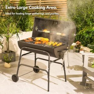 Discover the ultimate portable BBQ experience with VonHaus Charcoal BBQ's XL barrel design, featuring a warming rack, temperature gauge, and large cooking grill. Perfect for grilling meat, fish & veggies!