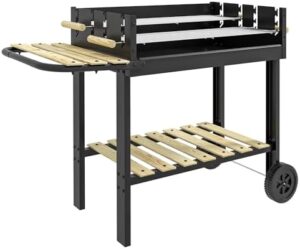 Here is the generated meta description:

"Outsunny's charcoal BBQ grill with double adjustable grill, side table, storage shelf and wheels for outdoor cooking. Perfect for garden parties! Compact design, easy to maneuver."