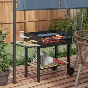 Here is the generated meta description:

"Outsunny's charcoal BBQ grill with double adjustable grill, side table, storage shelf and wheels for outdoor cooking. Perfect for garden parties! Compact design, easy to maneuver."