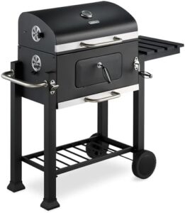 Discover the ultimate portable BBQ with warming rack, fold-down shelf, temperature gauge, and wheels. Perfect for grilling meat, fish, or veg, this 2-in-1 barbeque and wood smoker offers large cooking space and air vents.