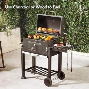 Discover the ultimate portable BBQ with warming rack, fold-down shelf, temperature gauge, and wheels. Perfect for grilling meat, fish, or veg, this 2-in-1 barbeque and wood smoker offers large cooking space and air vents.