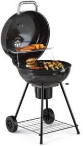 Discover the VonHaus Charcoal BBQ, a portable kettle barbecue with temperature gauge, storage shelf and wheels. Perfect for grilling meat, fish and veggies, featuring a lockable lid and removable ash cup.