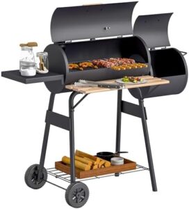 "Unleash backyard cooking adventures with Outsunny's charcoal barbecue grill and offset smoker. 3 storage shelves keep essentials organized, while a thermometer ensures perfect temperatures for camping, picnics, or garden gatherings."