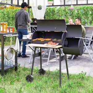 "Unleash backyard cooking adventures with Outsunny's charcoal barbecue grill and offset smoker. 3 storage shelves keep essentials organized, while a thermometer ensures perfect temperatures for camping, picnics, or garden gatherings."