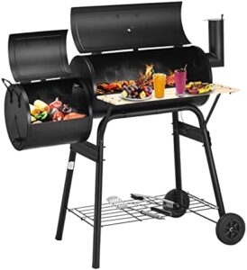 Here is the meta description:

"Upgrade your outdoor cooking with the TANGZON Charcoal Barbecue Grill featuring a temperature gauge, wooden worktop, and adjustable vent. Perfect for garden patios, this portable smoker also includes wheels and a grid shelf."