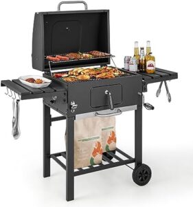 Discover the COSTWAY Charcoal BBQ Grill, featuring portable smoker design, wheels & foldable tables. Perfect for outdoor picnics & garden gatherings. Enjoy adjustable thermometer and ample cooking space.