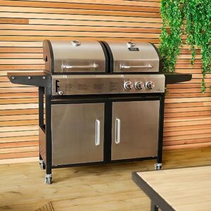 Enhance your outdoor gatherings with the Charles Bentley Dual Fuel 2+1 Burner Gas Grill & Charcoal Grill BBQ, featuring thermometer, fire box, and control panel. Perfect for family meals and al fresco dining, compact size: 147.5x110cm.