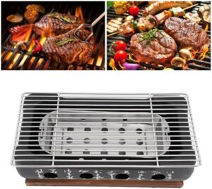Portable Japanese BBQ grill with charcoal stove and aluminum alloy hibachi design. Perfect for quick heating and yakitori cooking.