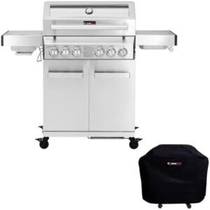 Experience outdoor cooking with CosmoGrill Platinum's 6 gas burners, infrared searer, and back rotisserie burner. Perfect for home or party use, waterproof cover included.