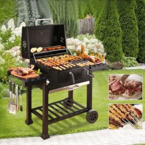 Perfect your outdoor cooking with the Triclicks BBQ Grill, charcoal barbecue featuring temperature gauge, lid cover, side tables & wheels for garden, picnic party or camping adventures. Up to 20% off!