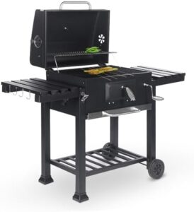 Perfect your outdoor cooking with the Triclicks BBQ Grill, charcoal barbecue featuring temperature gauge, lid cover, side tables & wheels for garden, picnic party or camping adventures. Up to 20% off!