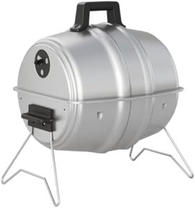 "Unleash backyard gatherings with the Americana Grills Keg A Que Charcoal BBQ Grill, featuring a durable powder-coated hood and 186 square inch cooking area. Perfect for portable outdoor barbecues!"