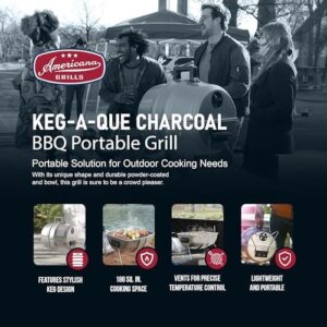 "Unleash backyard gatherings with the Americana Grills Keg A Que Charcoal BBQ Grill, featuring a durable powder-coated hood and 186 square inch cooking area. Perfect for portable outdoor barbecues!"