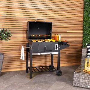 Enjoy outdoor gatherings with the Charles Bentley American Large Portable Grill Charcoal BBQ, featuring thermometer, bottle opener, warming rack and adjustable heights for family summer parties. Perfect for 108x114cm spaces.