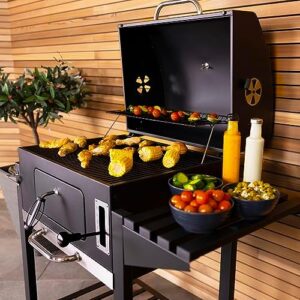 Enjoy outdoor gatherings with the Charles Bentley American Large Portable Grill Charcoal BBQ, featuring thermometer, bottle opener, warming rack and adjustable heights for family summer parties. Perfect for 108x114cm spaces.