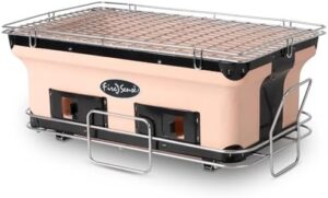 Here is the output:

"Handcrafted charcoal grill for outdoor adventures, featuring adjustable ventilation and clay construction. Perfect for camping or traveling barbecues."