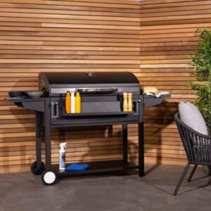 Enhance your outdoor gatherings with the Charles Bentley Deluxe American Charcoal BBQ Grill. Features thermometer, warming rack, adjustable heights, ash pan, and condiment basket for summer fun!