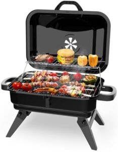 Here is the generated meta description:

"Compact and portable charcoal grill with dual cooking zones, perfect for camping, picnics or outdoor BBQs. Ideal for small spaces with 343 sq in cooking area."