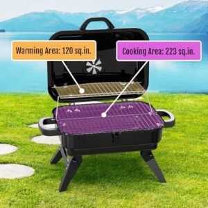 Here is the generated meta description:

"Compact and portable charcoal grill with dual cooking zones, perfect for camping, picnics or outdoor BBQs. Ideal for small spaces with 343 sq in cooking area."