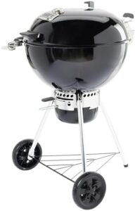 Experience the art of grilling with Weber's Master-Touch GBS Premium E-5775 charcoal barbecue cart, featuring durable black construction and convenient storage. Perfect for outdoor cooking enthusiasts, enjoy discounts on this premium BBQ set.