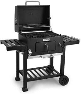 Enhance your outdoor gatherings with the Amig Fireplus Charcoal Barbecue, featuring wheels and side trays for effortless serving. Includes ventilation system, ashtray, and 57x42cm steel grill perfect for any occasion.
