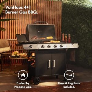 Discover the VonHaus Gas BBQ, featuring 4+1 burners, warming rack, side burner & cabinet storage. Perfect for grilling meat, fish & veggies in your garden or outdoor space.