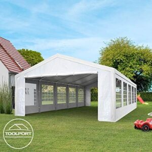 "Transform your outdoor space with the TOOLPORT Marquee Garden Tent, featuring a sturdy 5x10m gazebo and 180g/m² PE tarpaulin for 100% waterproof protection. Perfect for al fresco dining or relaxation."