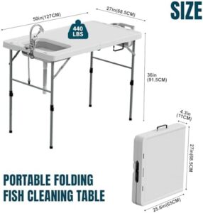 Discover the ultimate camping companion - Ergmaster's Fish Cleaning Table with sink and sprayer. Perfect for picnic or patio use, this portable station includes a fish cleaning kit for effortless meal prep.