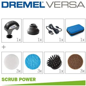 Here is the optimized SEO meta description:

"Effortlessly clean with Dremel Versa's cordless power spin scrubber kit, featuring 1 splash guard, 1 bristle brush and 9 multi-purpose cleaning pads for faster, easier scrubbing."